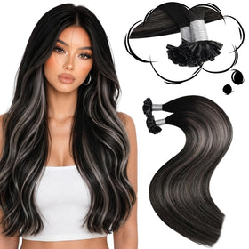 Moresoo U Tip Hair Extensions 14 inch black to silver front view
