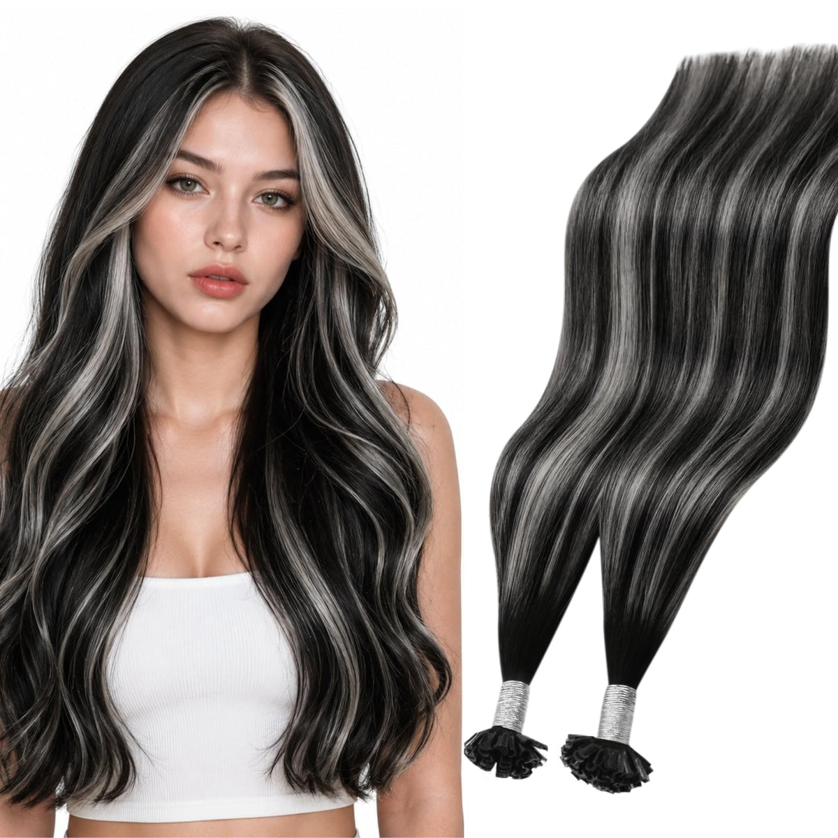 Moresoo U Tip Hair Extensions 16 Inch Black Silver Ombre front view