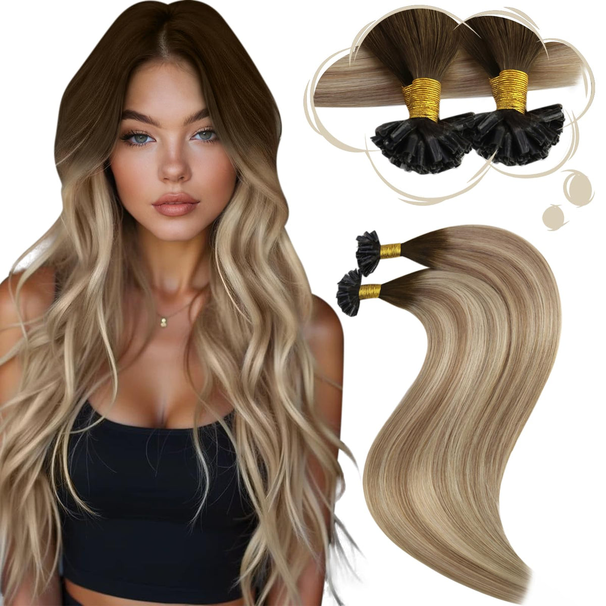 Moresoo U Tip Hair Extensions 18 Inch Ash Brown Dirty Blonde Ombre front view