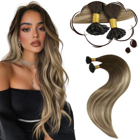 Moresoo U Tip Hair Extensions 20 Inch Brown Bleach Blonde front view