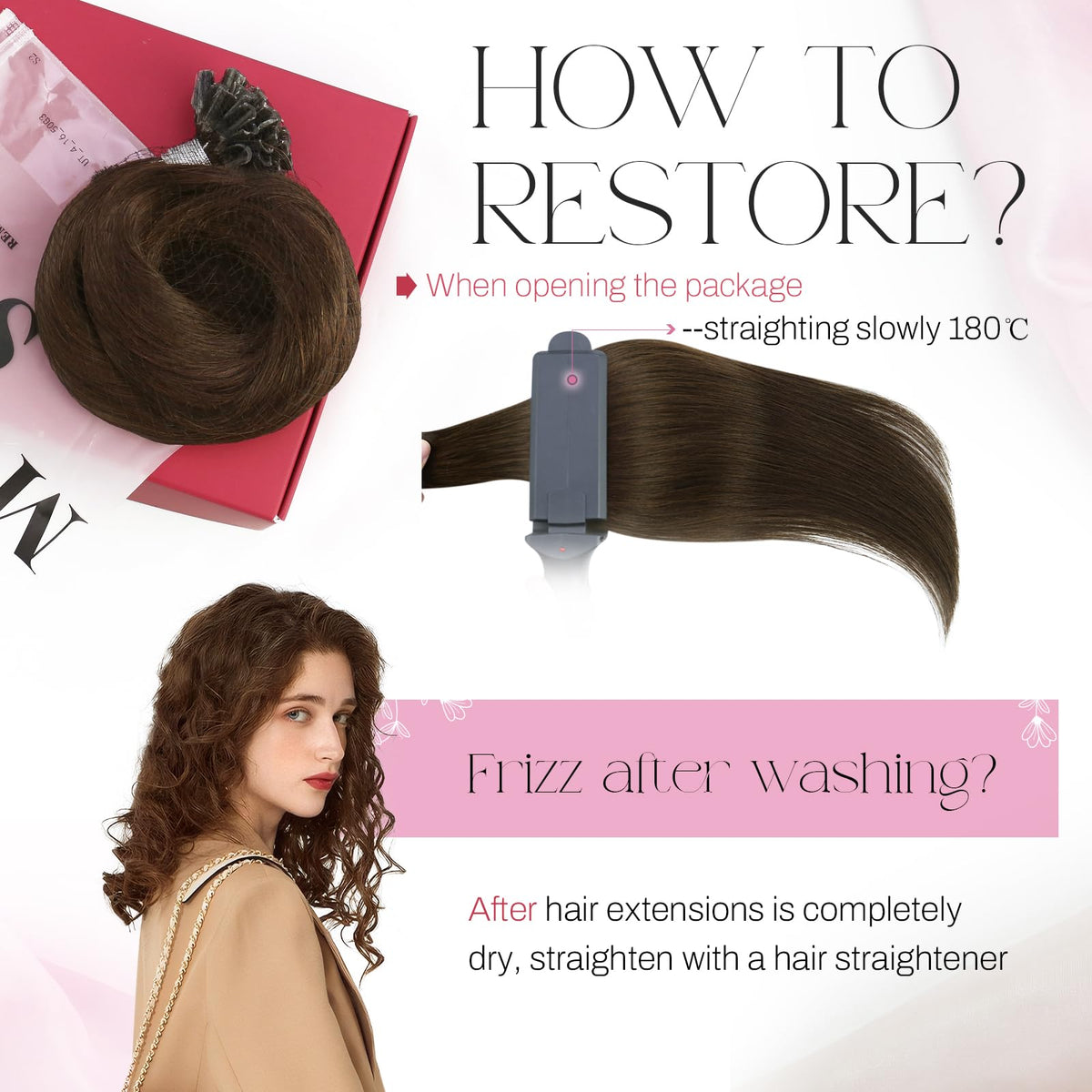 Moresoo U Tip Hair Extensions 20 Inch displayed with styling tools