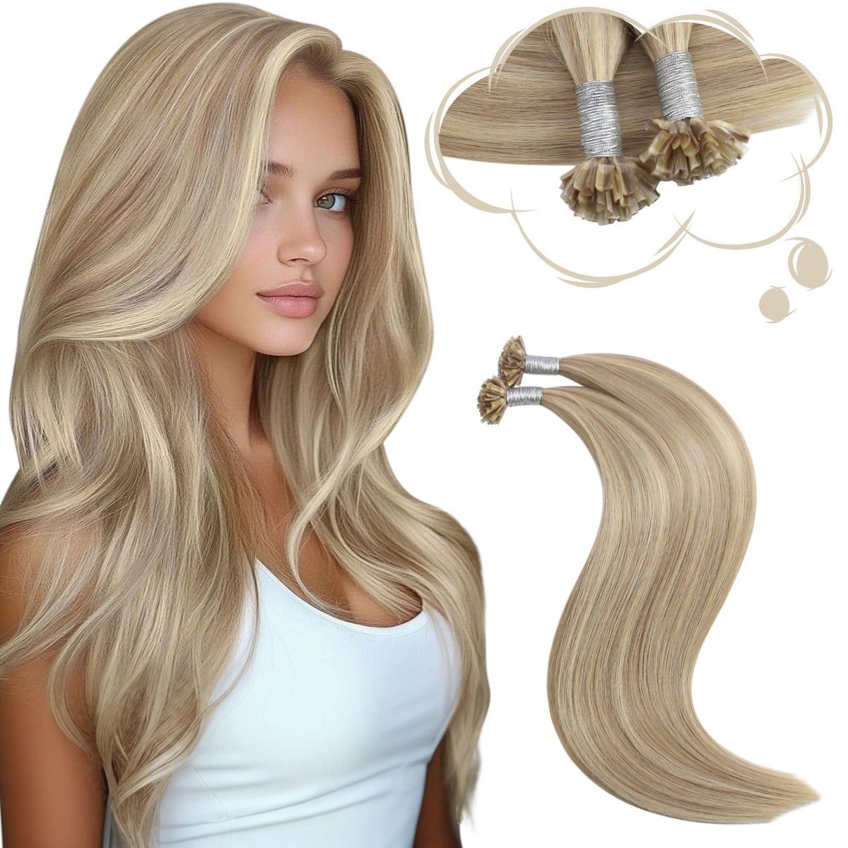 Moresoo U Tip Hair Extensions 22 Inch Ash Medium Blonde front view