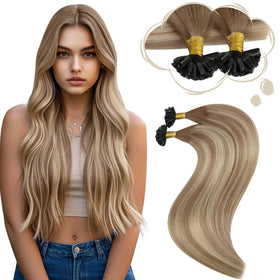 Moresoo U Tip Hair Extensions 22 Inch Light Brown Dirty Blonde front view