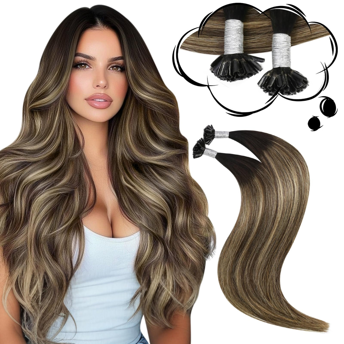 Moresoo U Tip Hair Extensions Black Blonde Balayage front view