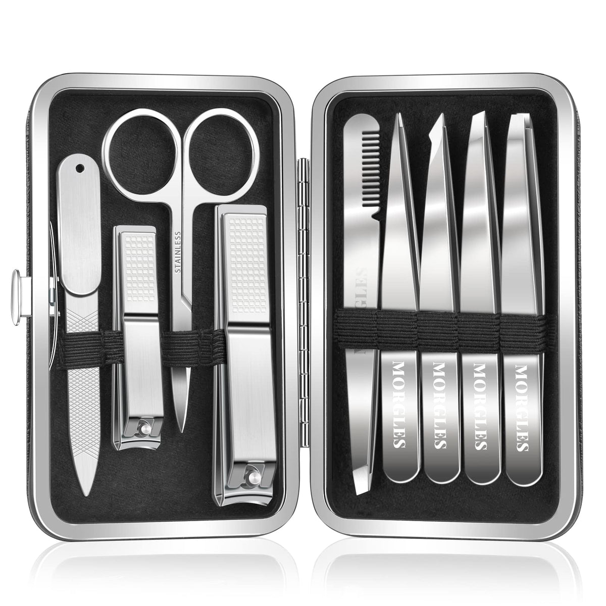 MORGLES 9 Pcs Tweezers Set in compact case front view