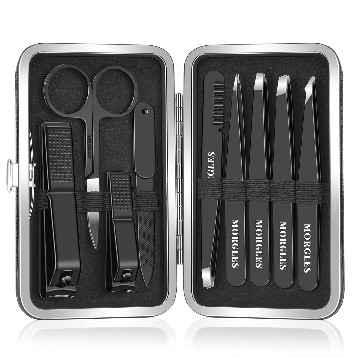 MORGLES 9 Pcs Tweezers Set in leather case front view