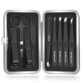 MORGLES 9 Pcs Tweezers Set in leather case front view