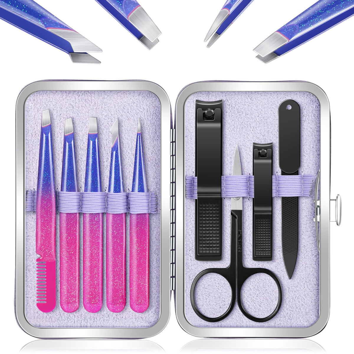 MORGLES 9-piece tweezers set in compact PU case