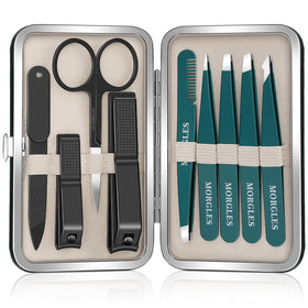 MORGLES Tweezers Set 9 Pcs in compact PU case front view