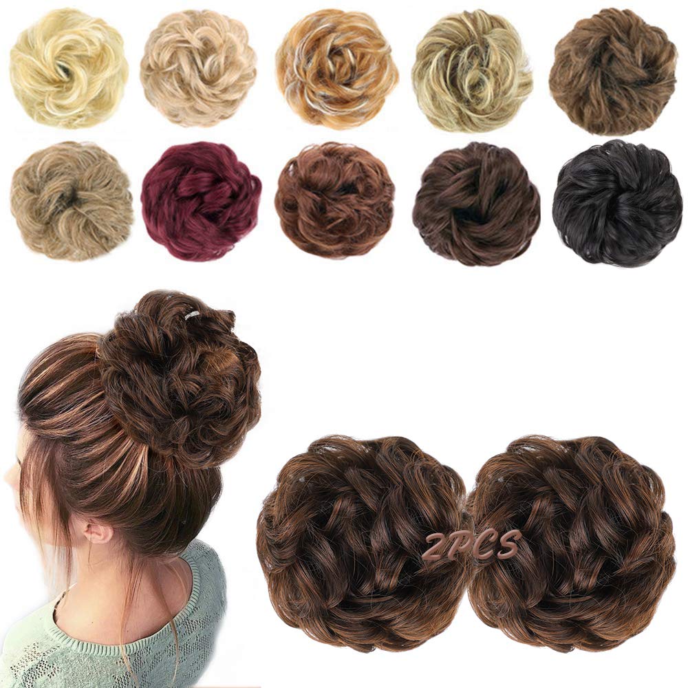 MORICA 2PCS Messy Bun Hair Piece front view in Dark Brown Mixed Light Auburn