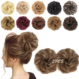 MORICA Messy Bun Hair Piece front view in Caramel Brown & Blonde Highlights