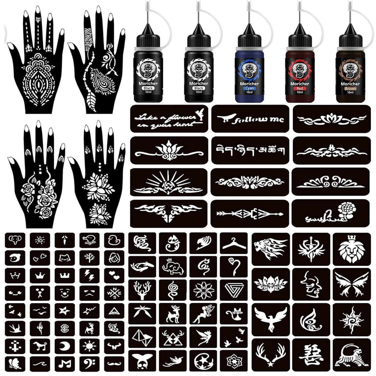 Moricher Temporary Tattoo Kit with 5 ink bottles and stencils