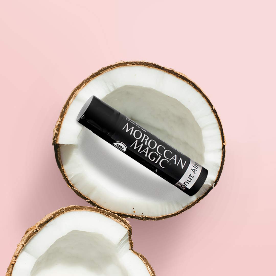 Moroccan Magic Coconut Almond Lip Balm on a bathroom counter