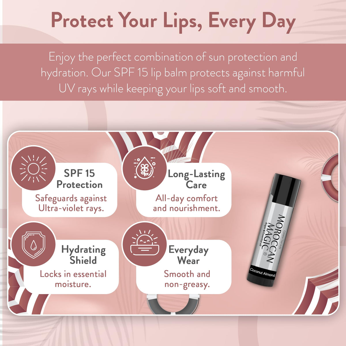 Moroccan Magic Coconut Almond Lip Balm SPF 15 with natural ingredients