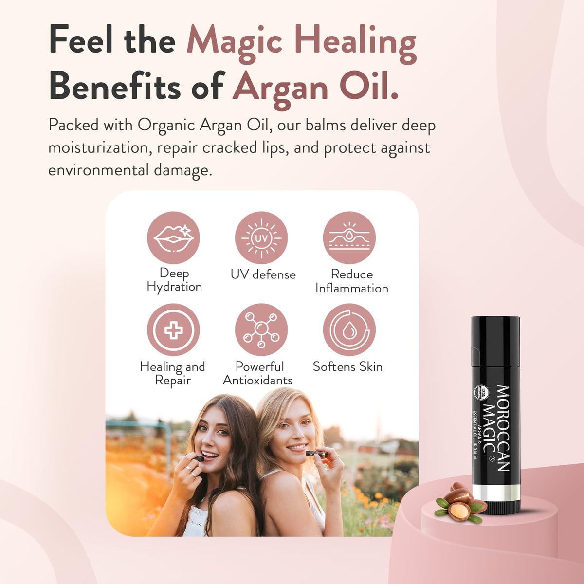 Moroccan Magic Lemon Thyme Lip Balm packaging with ingredients