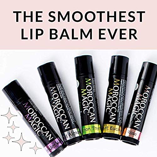 Moroccan Magic lip balm displayed with skincare products