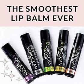 Moroccan Magic lip balm displayed with skincare products