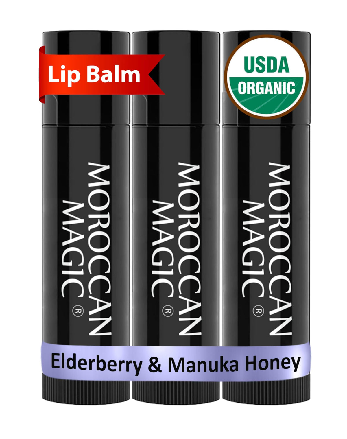 Moroccan Magic Organic Elderberry & Manuka Honey Lip Balm 3 Pack front view