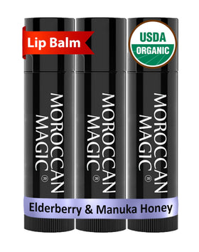 Moroccan Magic Organic Elderberry & Manuka Honey Lip Balm 3 Pack front view