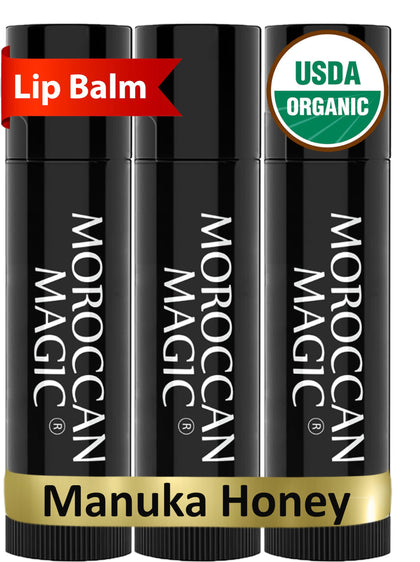 Moroccan Magic Organic Manuka Honey Lip Balm 3 Pack front view