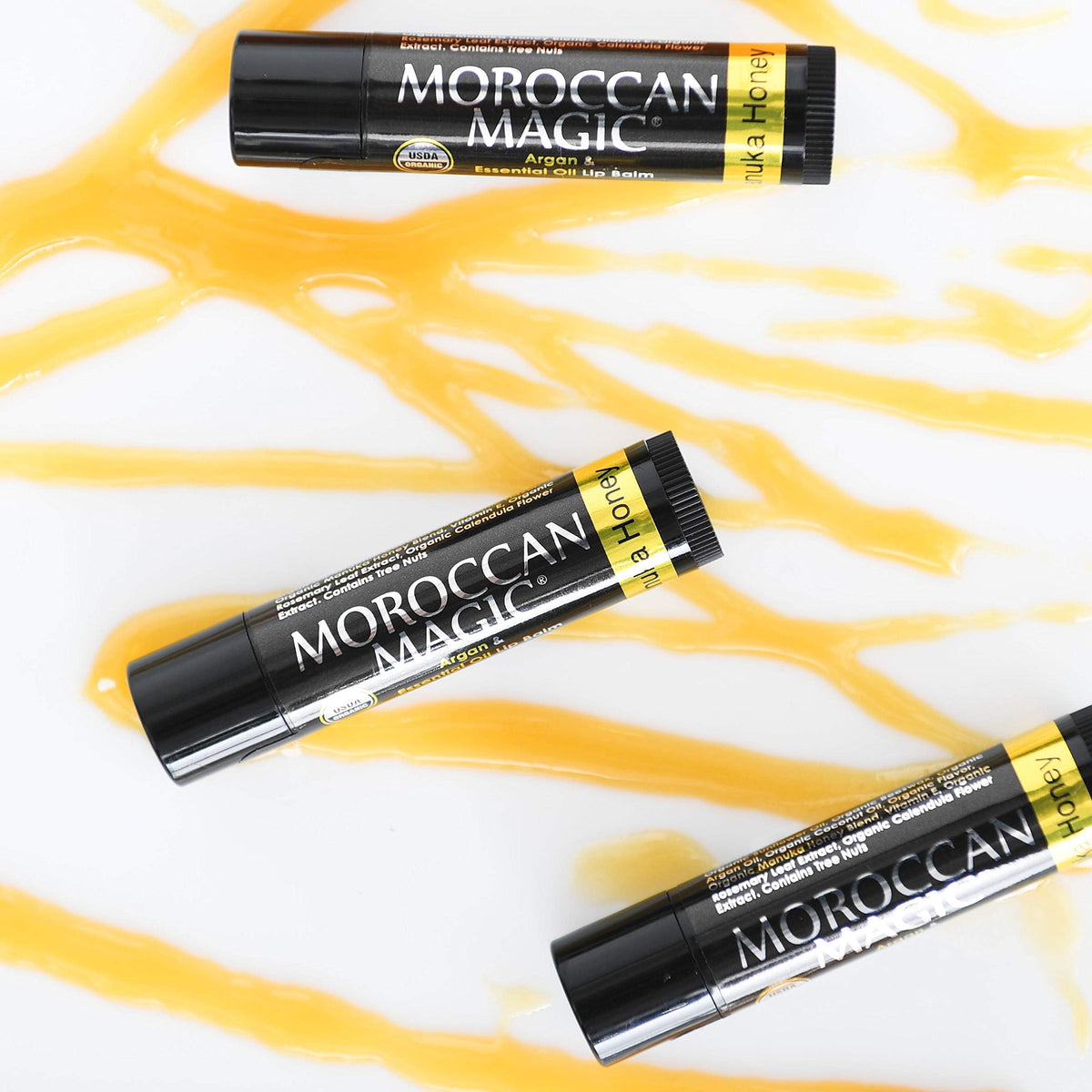Moroccan Magic Organic Manuka Honey Lip Balm in a beauty setting