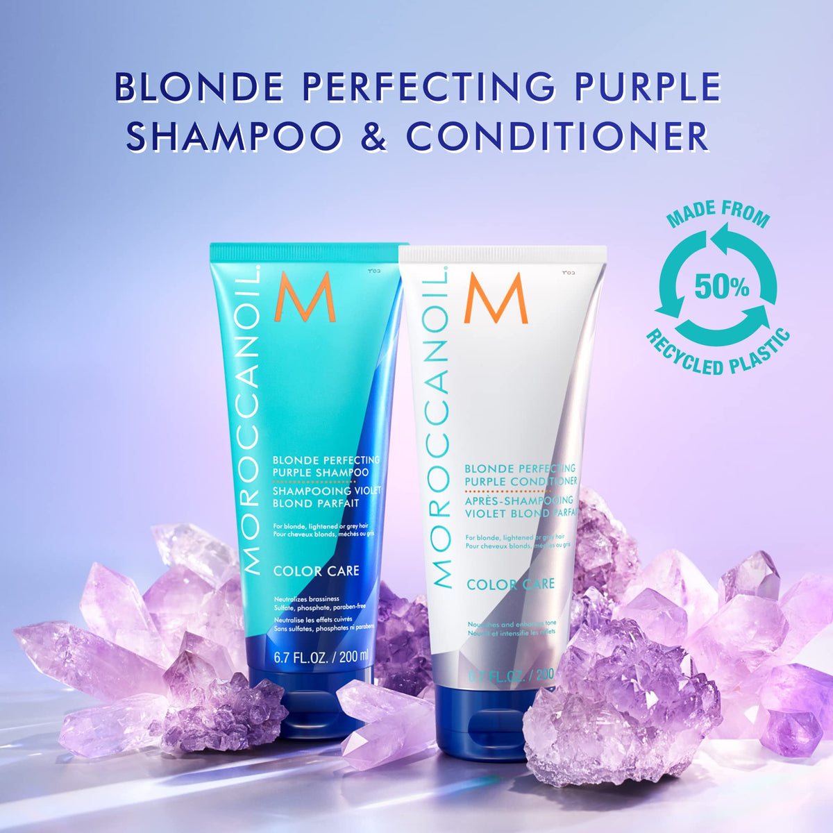 Moroccanoil Blonde Perfecting Purple Shampoo label close-up