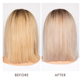 Moroccanoil Blonde Perfecting Purple Shampoo on a bathroom shelf