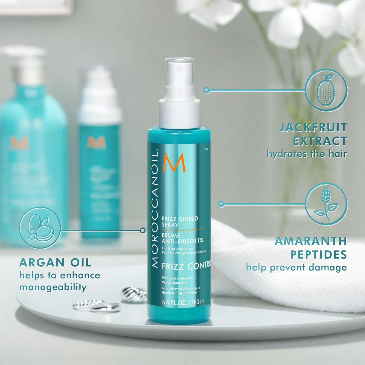 Moroccanoil Frizz Shield bottle with spray nozzle