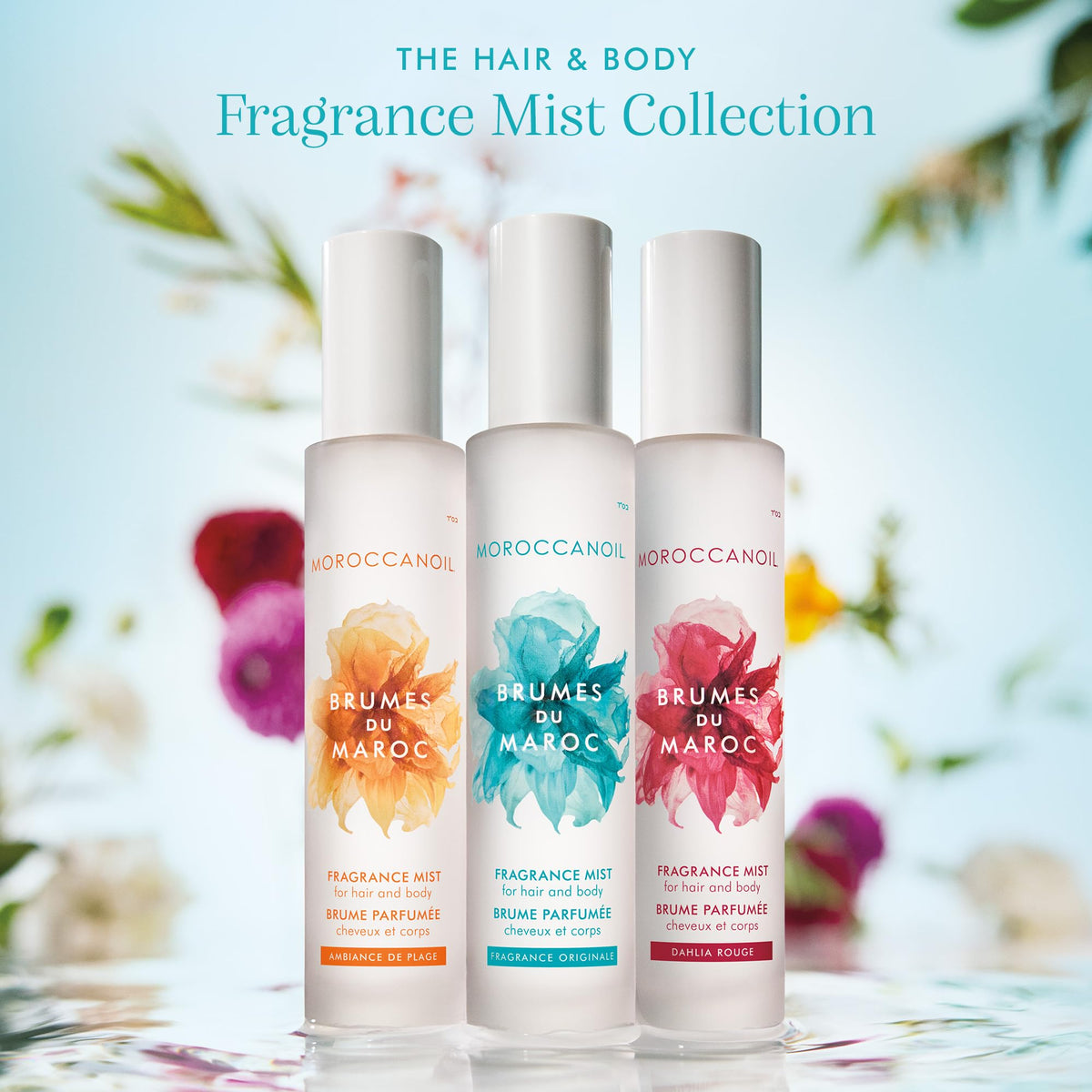 Moroccanoil Hair and Body Fragrance Mist with floral background