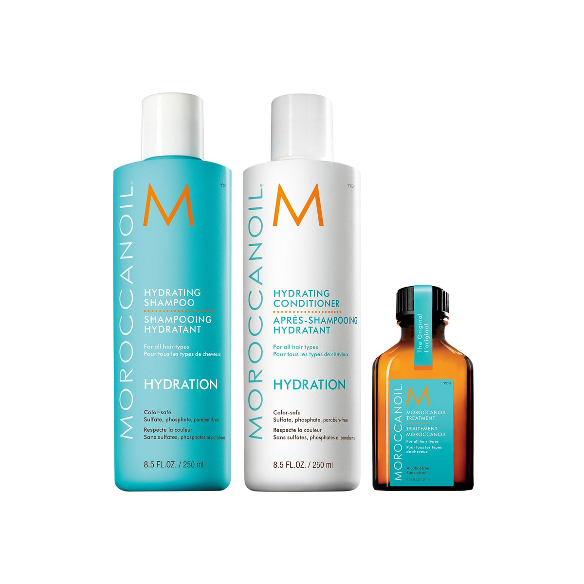 Moroccanoil Hydrate & Shine Hair Set includes shampoo, conditioner, and