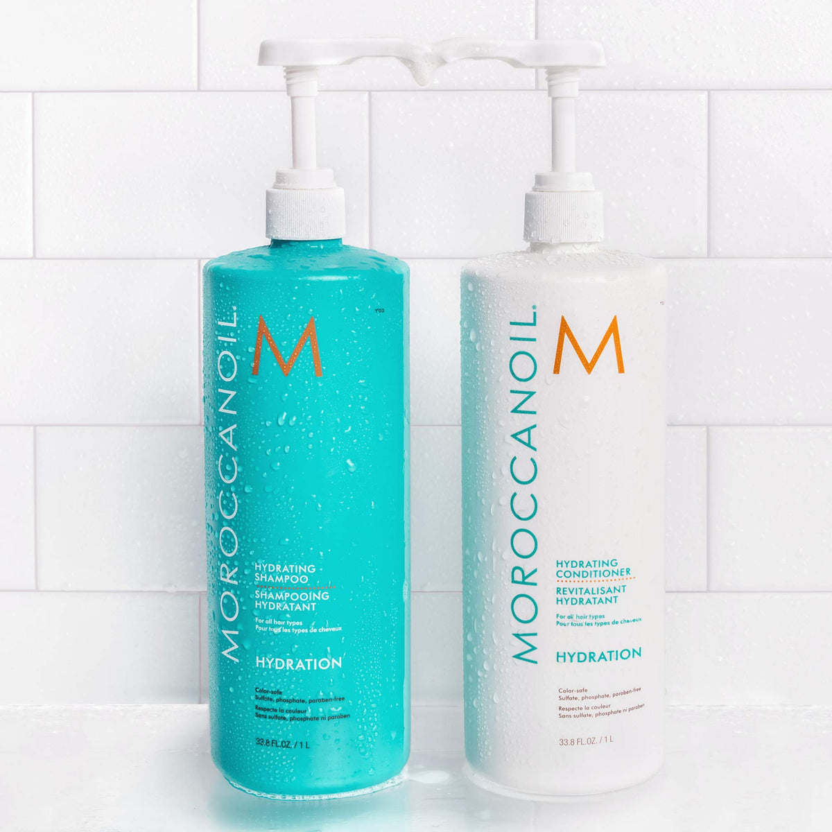 Moroccanoil Hydrating Shampoo on a bathroom shelf
