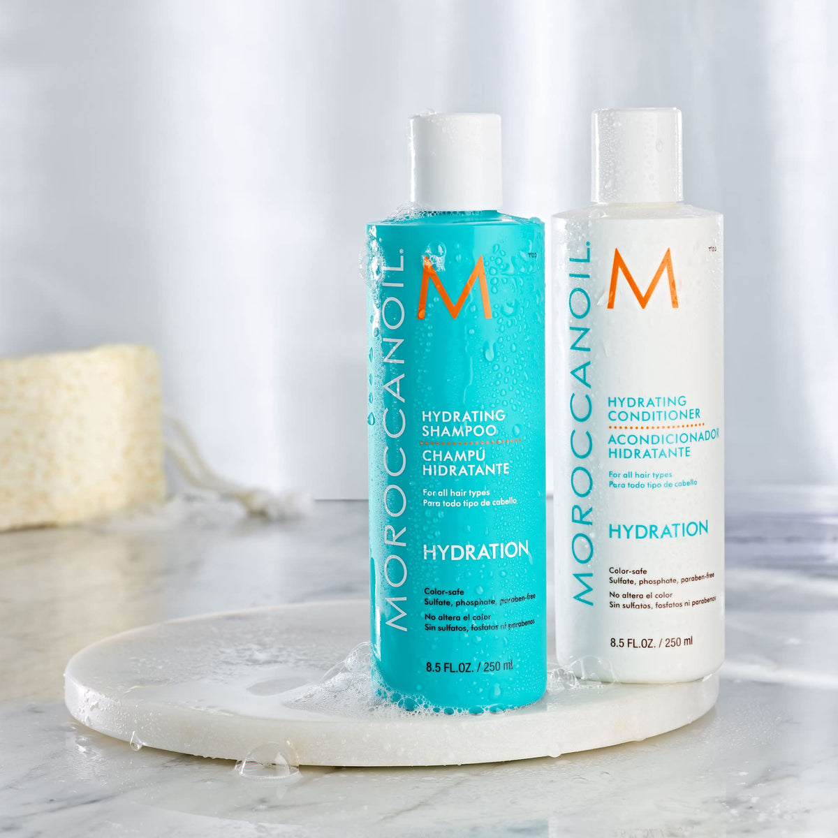 Moroccanoil Hydrating Shampoo with a plant background