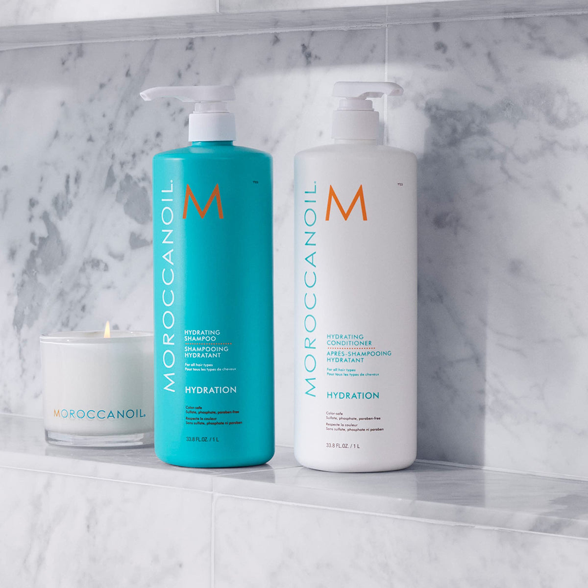 Moroccanoil Hydrating Shampoo with a soft towel
