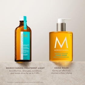 Moroccanoil Light Hair Oil and Hand Wash on a bathroom counter
