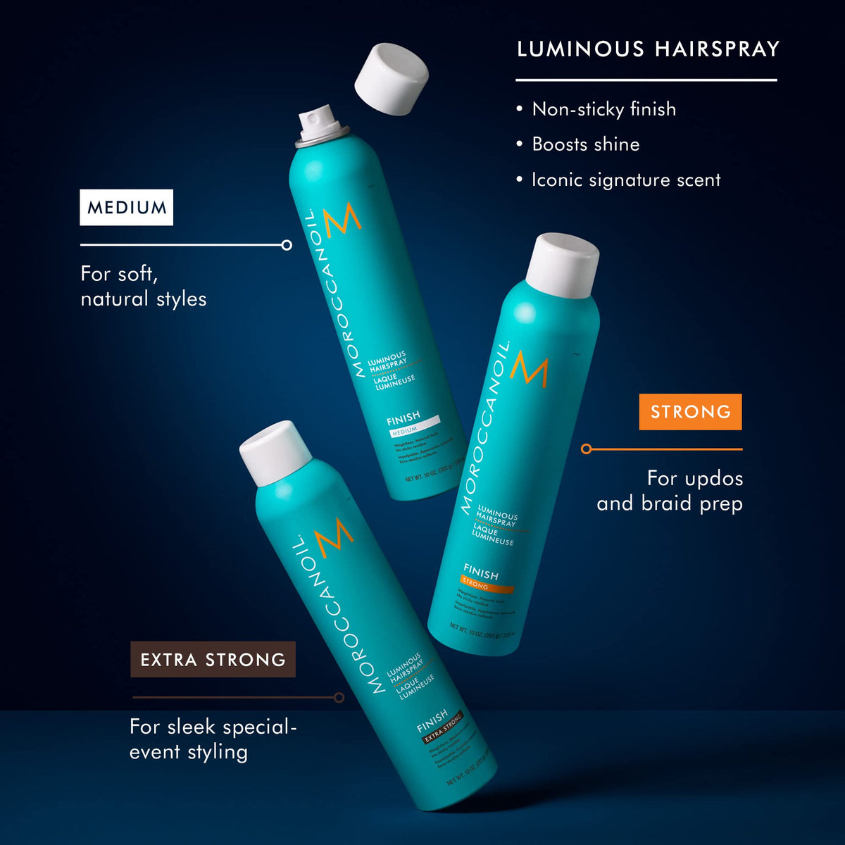 Moroccanoil Luminous Hairspray Extra Strong 75ml with styling tools