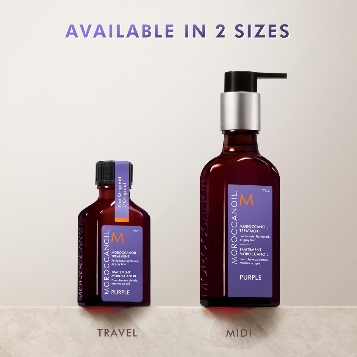 Moroccanoil Purple Hair Oil on a vanity