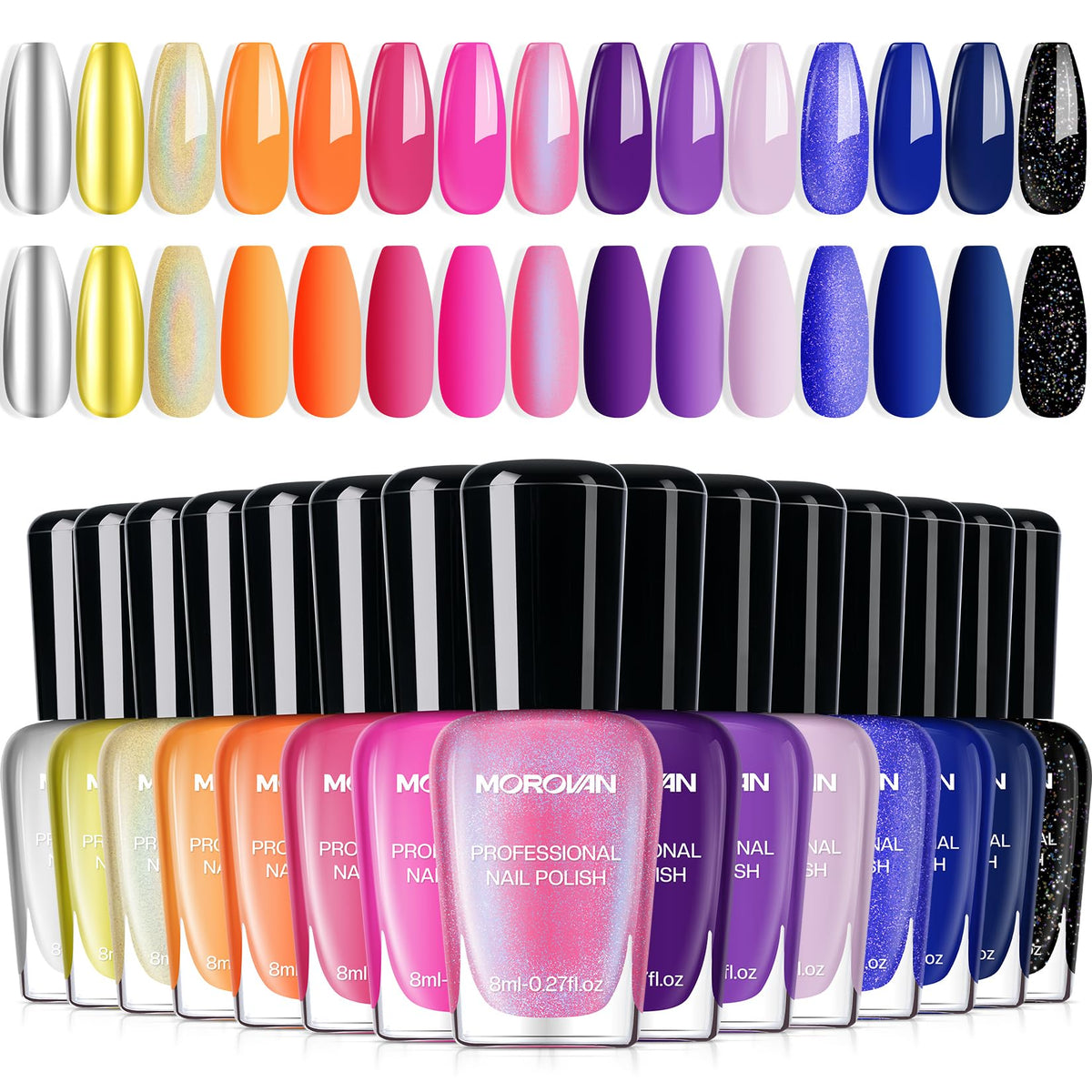 Morovan 15-Color Neon Nail Polish Set front view showcasing vibrant shades