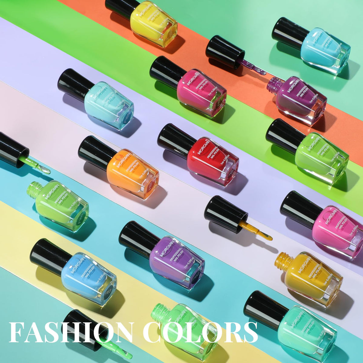 Morovan nail polish bottles arranged in a row