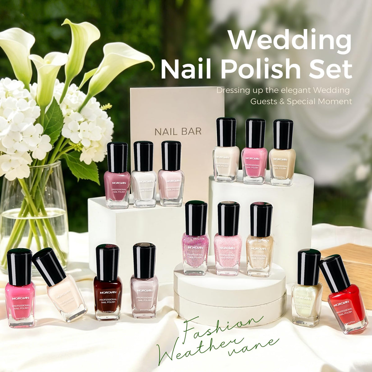 Morovan nail polish in various shades displayed