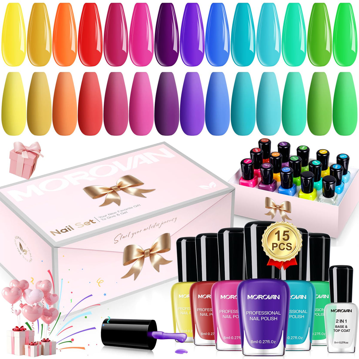 Morovan Nail Polish Set 15PCS with bright rainbow colours