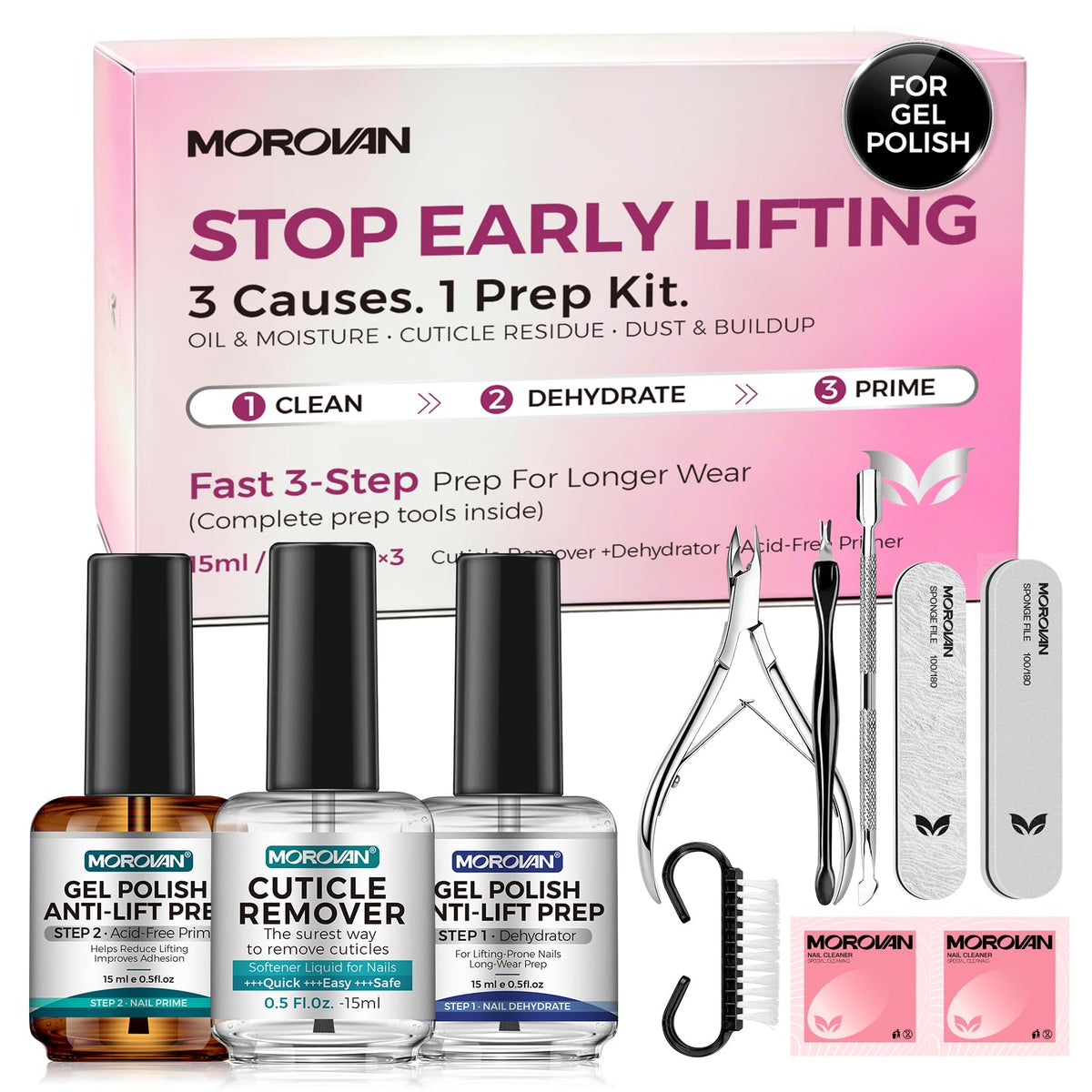 Morovan Nail Prep and Care Kit front view with all tools displayed