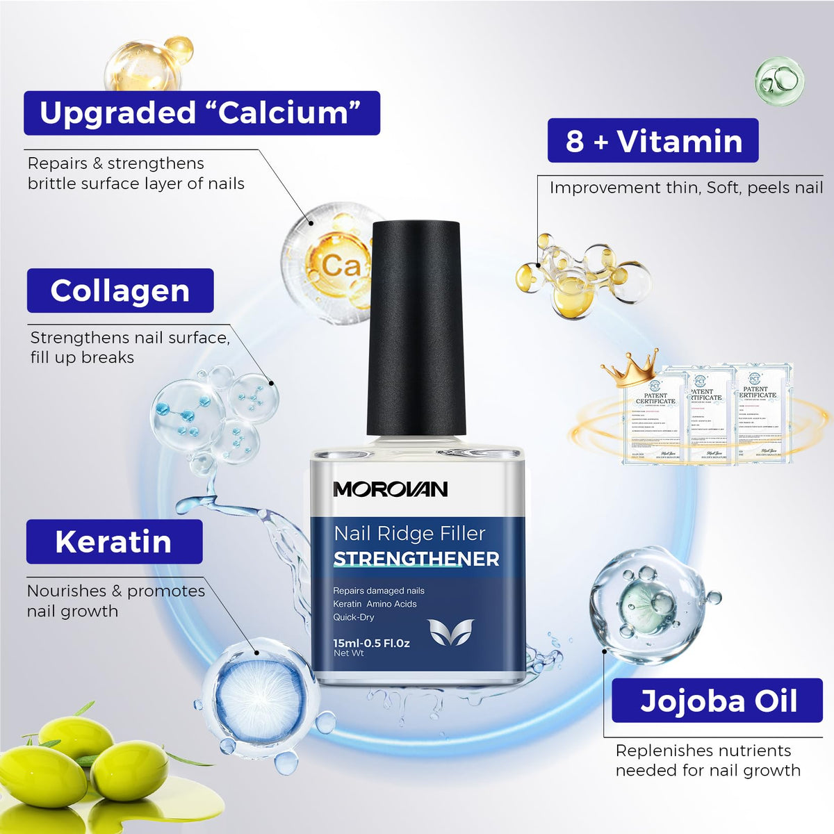 Morovan Nail Strengthener demonstrating ridge filling effect