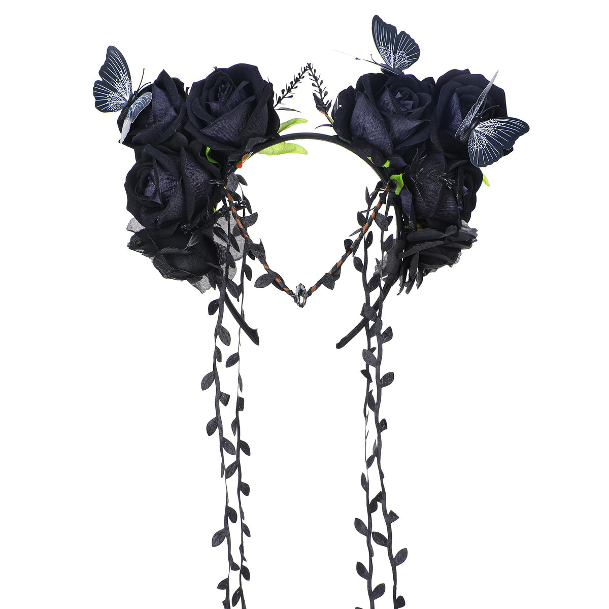 MOSTORY Black Flower Crown Headband front view with floral accents