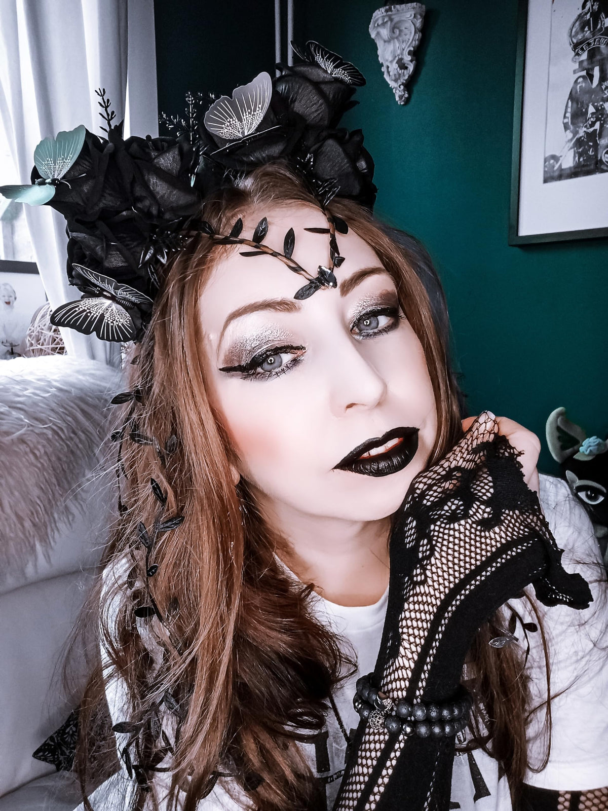 MOSTORY Black Flower Crown Headband side view showcasing greenery vines