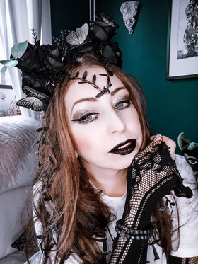MOSTORY Black Flower Crown Headband side view showcasing greenery vines