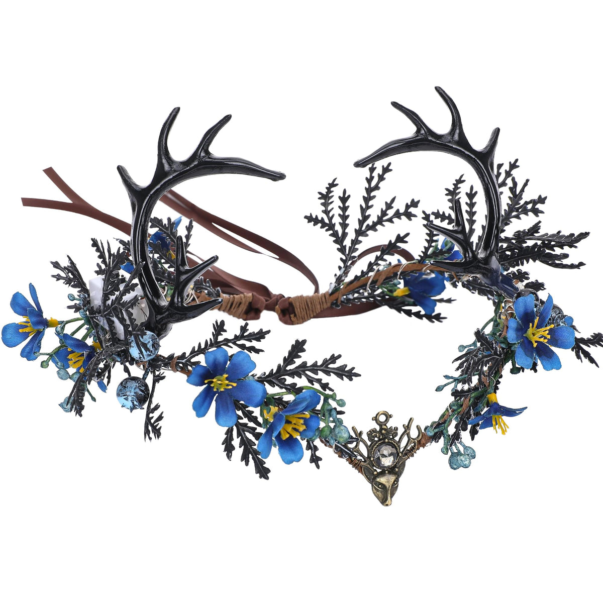MOSTORY Light Up Antler Crown front view with blue flowers