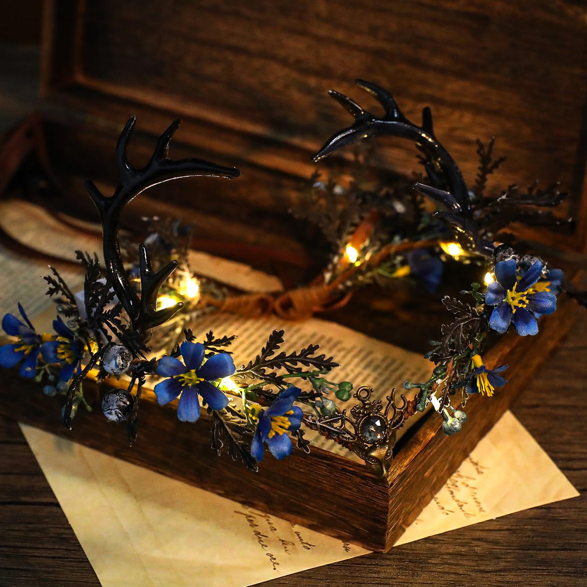 MOSTORY Light Up Antler Crown side view showcasing ribbon
