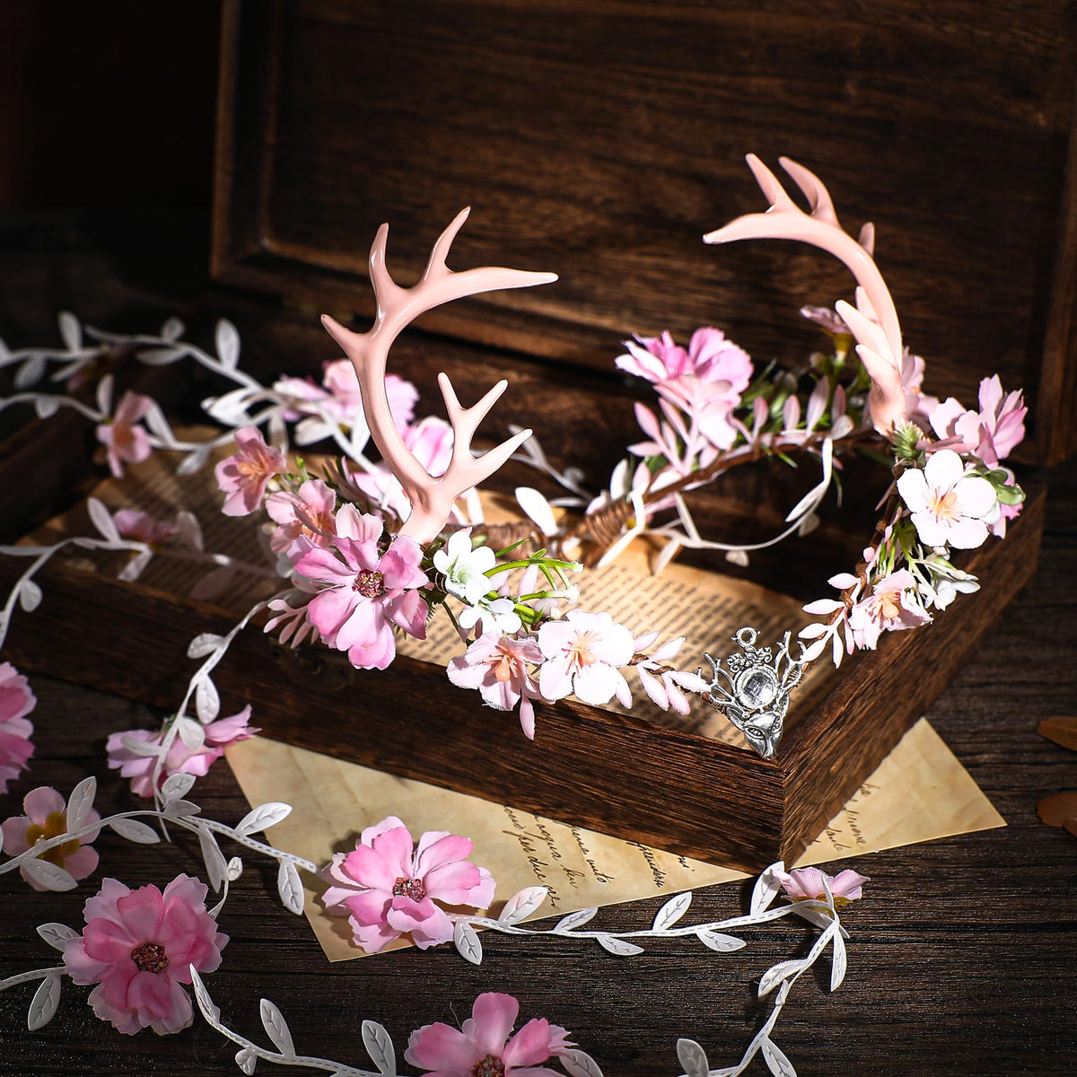 MOSTORY Pink Fairy Antler Headpiece with a soft background