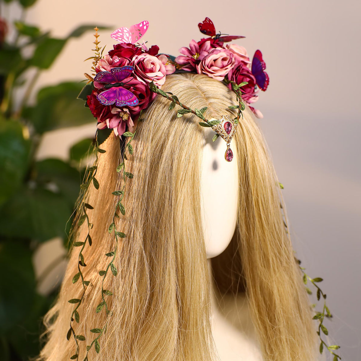 MOSTORY Purple Fairy Flower Crown displayed on a mannequin