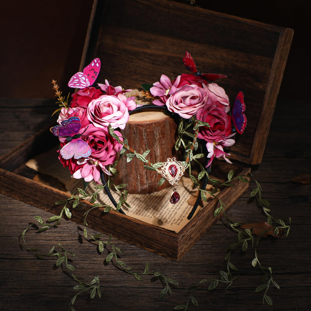 MOSTORY Purple Fairy Flower Crown in a forest setting